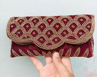 Velvet Beaded Clutch: Maroon Floral Evening purse Bag