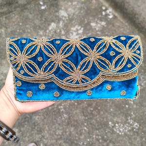 Hand Beaded Clutch, blue velvet clutch with golden geometric beadwork