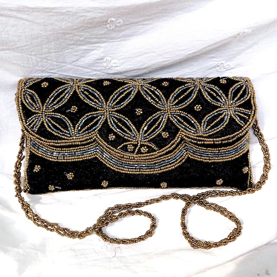 Perlen Abendtasche, schwarze Samt-Kupplung mit goldenen Perlen