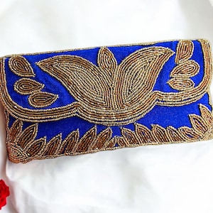 ROYAL Blue velvet clutch, Gold beaded evening bag, Wedding beaded clutch with braided shoulder strap , Bridesmaids gift, Retro purse