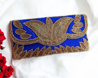 Blue Velvet Beaded Clutch: Floral Evening Bag with Braided Strap