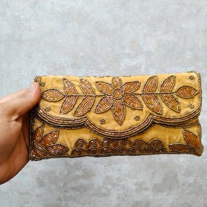 gold floral clutch bag, hand beaded bridal clutch with braided shoulder strap