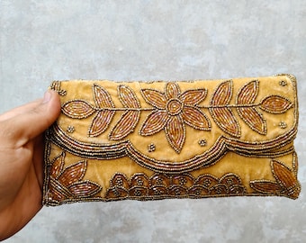 Bolso de mano floral dorado, bolso de mano de novia con cuentas hechas a mano y correa de hombro trenzada