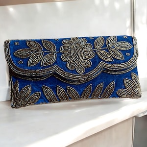 Blue velvet beaded clutch, Floral beaded evening bag, Wedding beaded clutch with braided shoulder strap , Bridesmaids gift, Retro purse