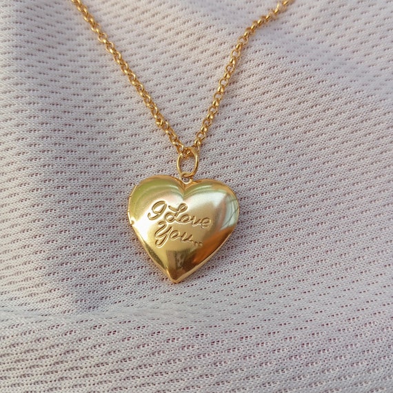 Gold Heart Locket Necklace: Engraved 'I Love You' Photo Pendant - Main Image