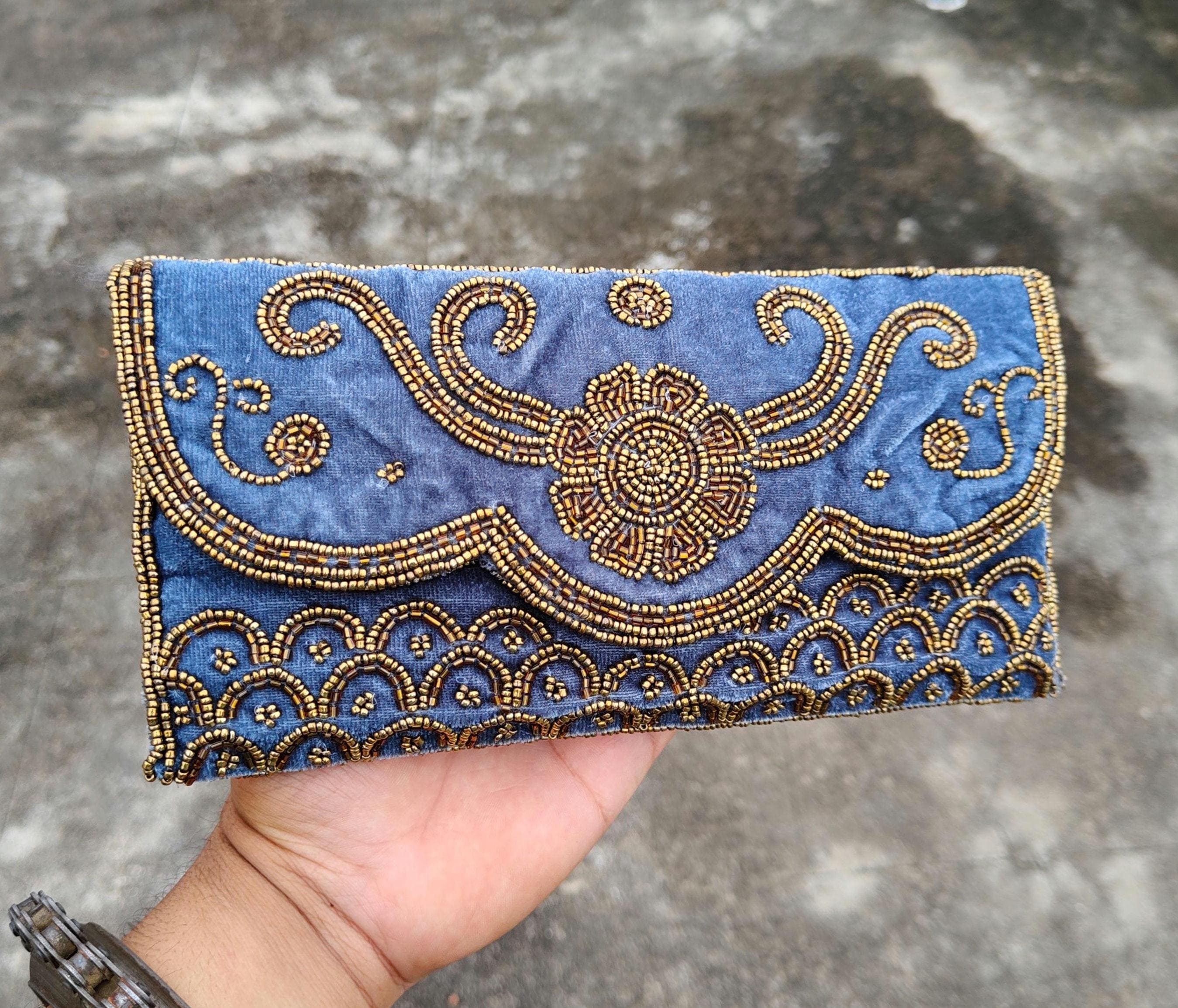 Denim Blue Velvet Clutch: beads Embroidered Evening Bag