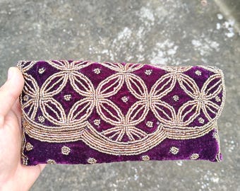 Gold Embroidered clutch , velvet beaded bag