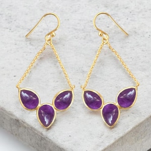 Natural Amethyst Earrings , 925 Silver Gold Plated Teardrop Gemstone Jewelry, Elegant Amethyst Drops