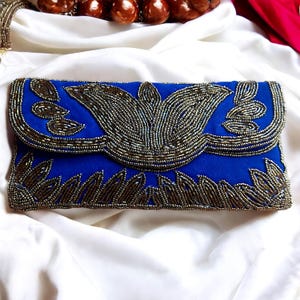 Blue velvet beaded clutch, Floral beaded evening bag, Wedding beaded clutch with braided shoulder strap , Bridesmaids gift, Retro purse