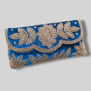 Blue velvet beaded clutch, Floral design beaded evening party sling bag
