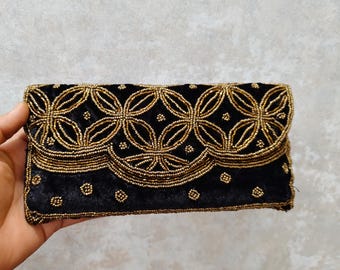 Black Velvet Beaded Clutch: wedding Evening Bag with Gold Embroidery