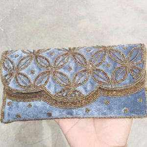 Blue Velvet Beaded Clutch, Gold beaded Evening Bag, Wedding blue dress clutch with braided shoulder strap , Indian Retro purse
