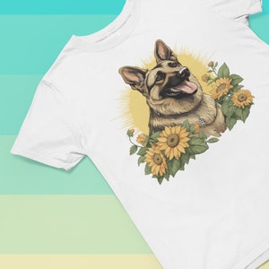 German Shepherd Playing in Field of Sunflowers T-Shirt