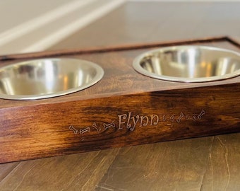 Unique Christmas Gift for Dog Lover | Elevated Custom Engraved Wooden Dog Bowl Stand