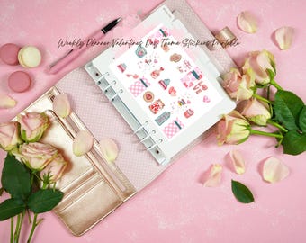 May include: A sheet of printable Valentine's Day themed stickers for a weekly planner. The stickers feature hearts, gifts, and the words "Love" and "Happy Valentine's Day".