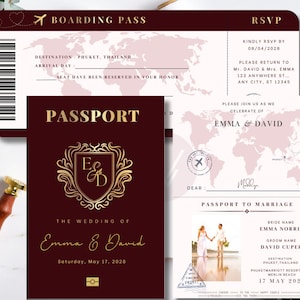 Modelo de convite de casamento elegante para passaporte e cartão de embarque da Borgonha - convite de casamento personalizável e editável, fácil de editar no Canva