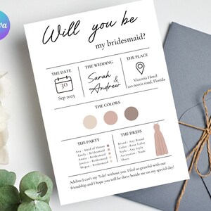 Minimallist Bridemaid info card template, Elegant Bridesmaid Proposal Card, Will You Be My Bridesmaid card, Informative Bridesmaid Info Card