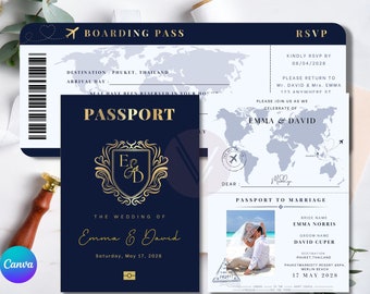 Plantilla elegante para invitación de boda con pasaporte y tarjeta de embarque: invitación de boda personalizable y editable.