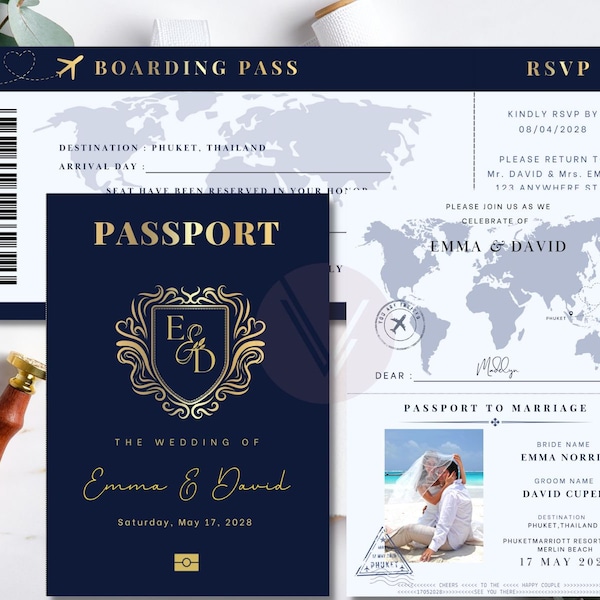 Elegant Passport and Boarding Pass Wedding Invitation Template - Customizable and Editable Wedding Invition.