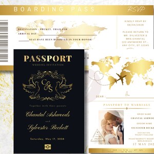 Modelo de convite de casamento de passaporte de luxo dourado, convite de passaporte elegante para casamento, editável em canva