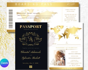 Gold Luxury Passport wedding invitation template, Elegant passport invitation for wedding, Editable in canva
