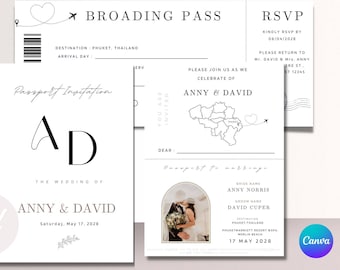 Minimalist passport and broading pass wedding invitation  template