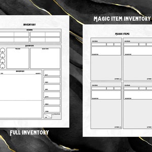 May include: A printable inventory sheet for role-playing games. The sheet is divided into two sections: Inventory and Magic Item Inventory. The Inventory section has spaces for listing items, quantities, and weights. The Magic Item Inventory section has spaces for listing item names, descriptions, and attributes.