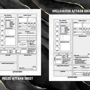 Spellcaster & Melee Attack Sheets - DnD 5e Printable Character Sheets for Combat Focus