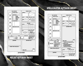 May include: Two white sheets with black text, designed for role-playing games. One sheet is labeled "Melee Attack Sheet," and the other is "Spellcaster Attack Sheet." Both sheets have sections for skill modifiers, combat details, weapons, and prepared spells.