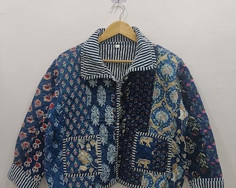 Floral Patchwork Cotton Quilted Jacket: Reversible Lightweight Coat