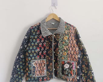 Floral Print Cotton Quilted Jacket: Handmade Reversible Women's Coat