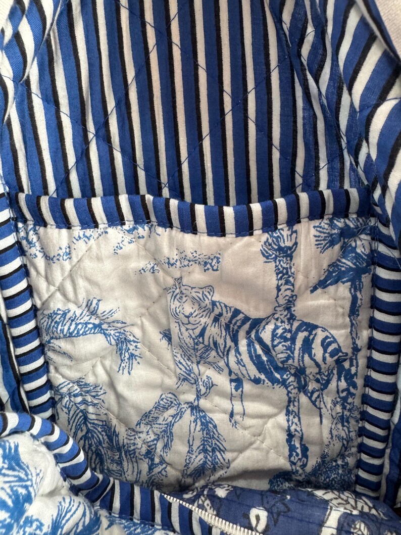 Peut inclure: Int&eacute;rieur d'un sac fourre-tout matelass&eacute;. Le sac pr&eacute;sente un ext&eacute;rieur &agrave; rayures bleues et blanches et un int&eacute;rieur blanc avec un imprim&eacute; tigre bleu. La doublure du sac est matelass&eacute;e, ajoutant une apparence textur&eacute;e.