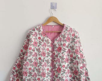 Handmade Indian Cotton Quilted Jacket: Floral Print Reversible Coat