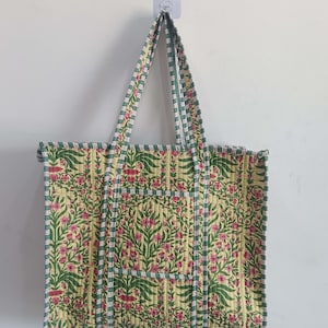 Indian Cotton Quilted Tote Bag: Floral Hand Block Print