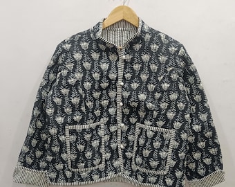 Handmade Cotton Quilted Jacket: Floral Print Reversible Coat