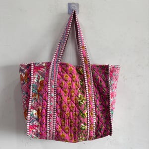 Floral Block Print Quilted Cotton Tote Bag: Indian Handmade Travel Shopping