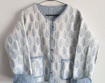 Indian Cotton Quilted Jacket: Floral Patchwork Print, Reversible Coat