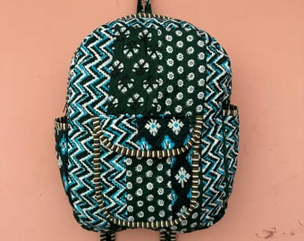 Green Cotton Quilted Patchwork Backpack: Bohemian Laptop Bag