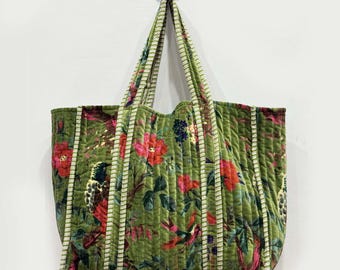 Bolso tote acolchado de terciopelo: Shopper bohemio con estampado de jungla