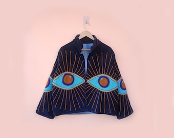 Handmade Blue Velvet Evil Eye Jacket – Boho Kimono Coat