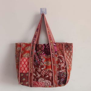 Handmade Indian Patchwork Cotton Tote Bag: Quilted Travel Shopping Bag