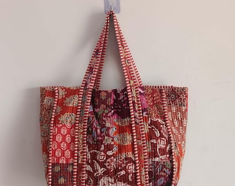 Handmade Indian Patchwork Cotton Tote Bag: Quilted Travel Shopping Bag