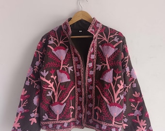 Maroon Cotton Suzani Embroidered Jacket: Bohemian Artisan Coat