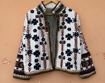 White Embroidered Suzani Jacket: Indian Quilted Coat