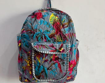 Floral Print Quilted Cotton Backpack: Stylish Multi-Color Bag