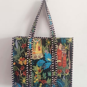 Floral Handblock Print Quilted Cotton Tote Bag