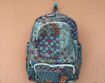 Blue Cotton Quilted Patchwork Backpack: Bohemian Laptop Bag