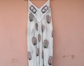 Hand Block Print Cotton Victorian Nightgown: Sleeveless Sleepwear & Beach Gown