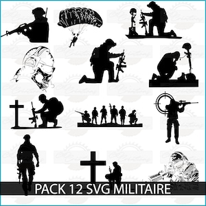 May include: A pack of 12 black and white SVG military silhouette designs. The designs include soldiers in various poses, including kneeling, standing, and holding weapons. There is also a design of a soldier parachuting from a plane. The text "PACK 12 SVG MILITAIRE" is at the bottom of the image.