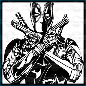 Könnte beinhalten: Schwarzweiß-Illustration von Deadpool, der zwei Pistolen hält, eine in jeder Hand, mit einem ernsten Gesichtsausdruck.